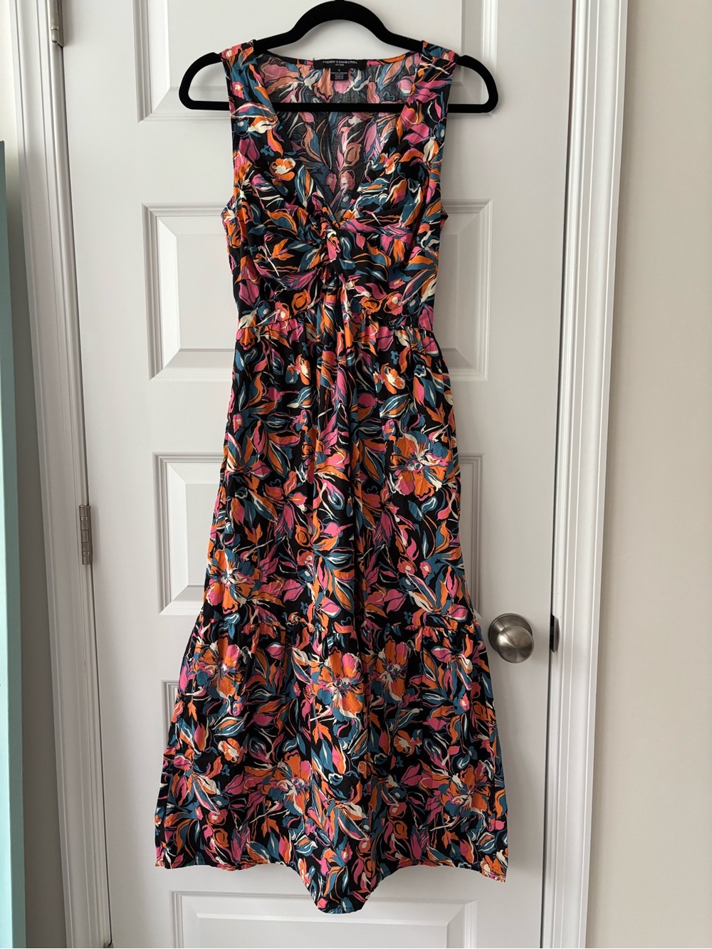French Connection Floral Twist-Front Maxi Dress in Black & Orange S